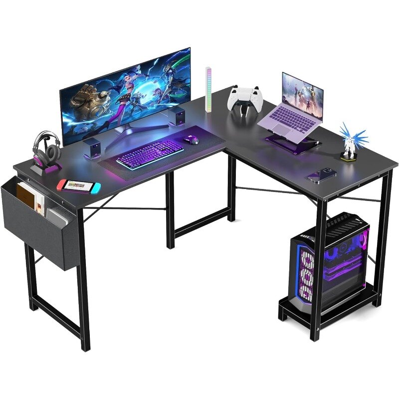 Escritorio de ordenador en forma de L, mesa de juegos de PC de esquina de madera con bolsa de almacenamiento lateral para espacios pequeños de oficina en casa