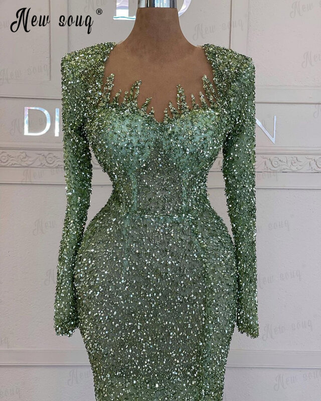 Женское вечернее платье-Русалка с длинным рукавом, длинное зеленое платье с подплечниками, расшитое бисером, в мусульманском стиле, для выпускного вечера