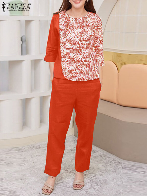 Modne pasujące zestawy dresy 2024 ZANZEA letnie spodnie w stylu Casual, biurowy garnitury Outifits bluzka z kwiatowym nadrukiem zestawy 2 szt.