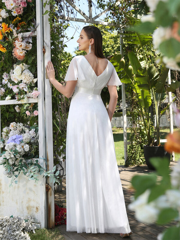 MisShow Flare Sleeve Pastrol Women Maxi Dress 2023 abiti da sposa economici abito da sposa classico busto pieghettato telai in raso femminile
