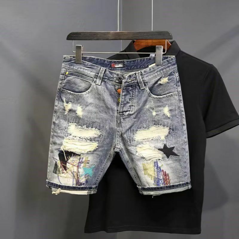Calções jeans de alta streetwear masculinos, slim fit, angustiados, rasgados, bordados, bigodes de gato, hip hop, calças curtas, verão, novo