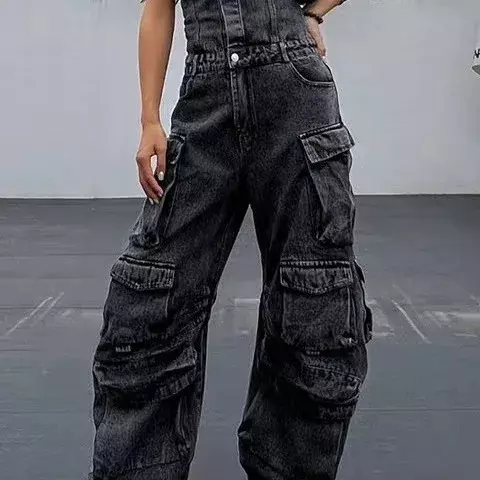 Streetwear Denim Jumpsuits For Women Strapless Sleeveless Off Shoulder High Waist Cargo Pants Y2K Style Jumpsuit Female