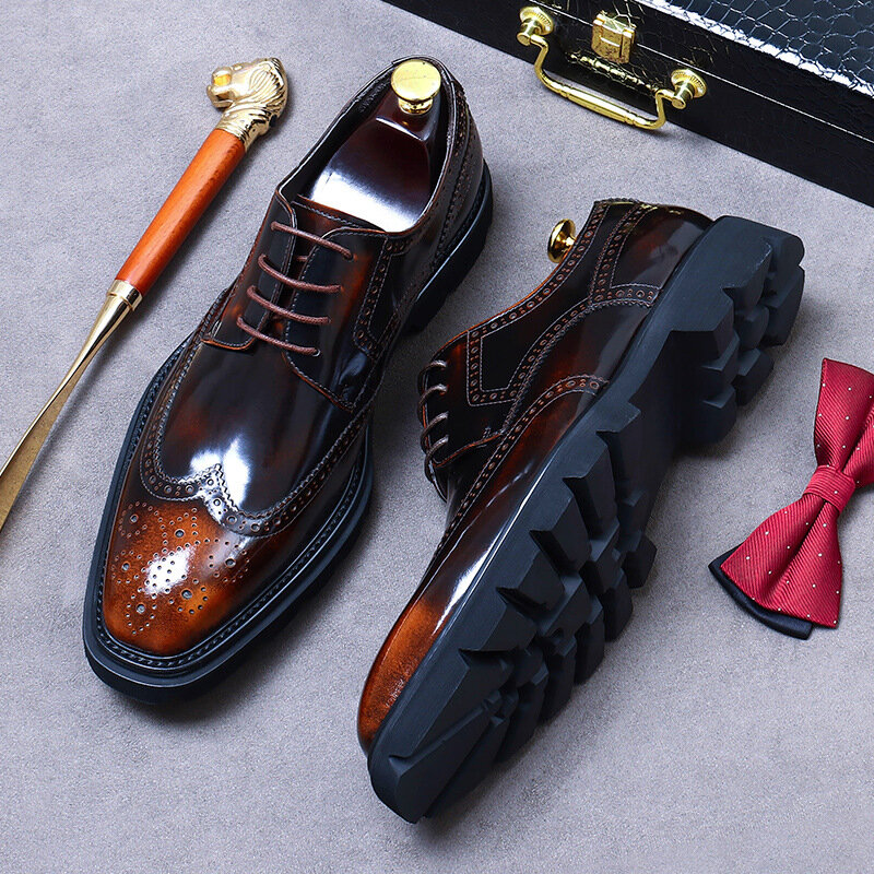 英国-男性用の革の靴,革の靴,フォーマルな牛革,厚いソール,手作りのスタイル,明るい顔