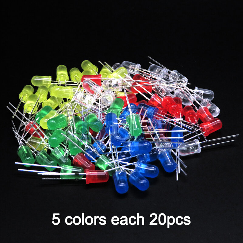 Kit surtido de diodos LED F5, blanco, verde, rojo, azul, amarillo, naranja, rosa, morado, Blanco cálido, bricolaje, 100 unids/lote, 5mm