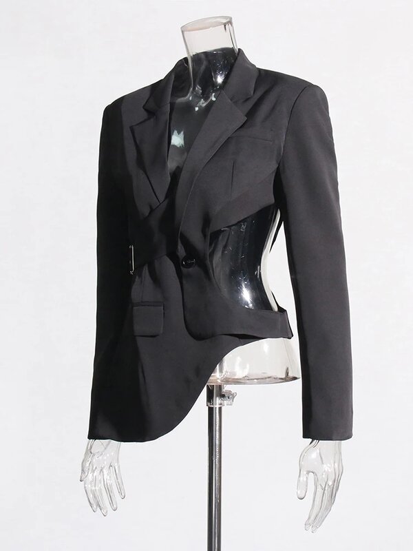 Twosinyle-女性の背中の開いたスリミングジャケット,結び目の襟,長袖,スリット,不規則なボタン