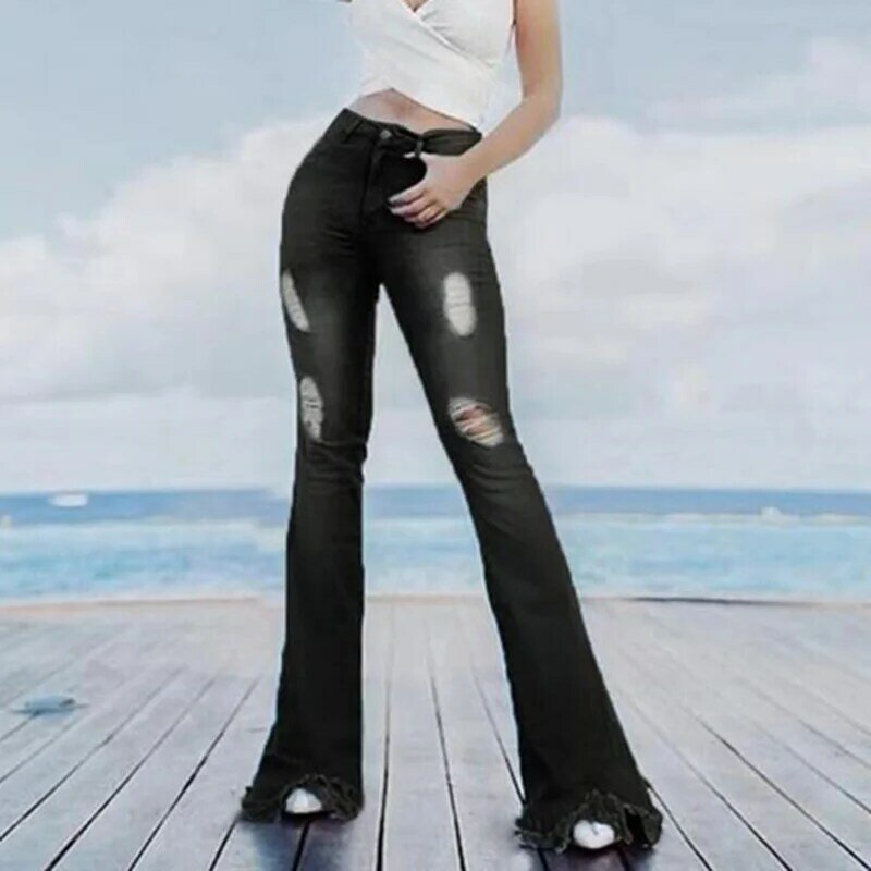 2021 Frühling Herbst Frauen Flare Jeans hohe Taille schmal geschnittene Jeans hose mit Quasten saum Damen zerrissen tragen dünne Jeans