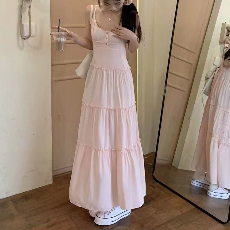 Różowa śliczna Fairycore Midi Dresse słodka z falbankami swobodna elegancka elegancka plażowa z długim paskiem na ramiączkach wakacyjna delikatna sukienka