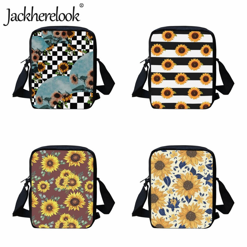 Jackherelookファッションクロスボディバッグブラックとホワイトのチェックヒマワリパターンメッセンジャーバッグティーンエイジャー男の子女の子旅行バッグ