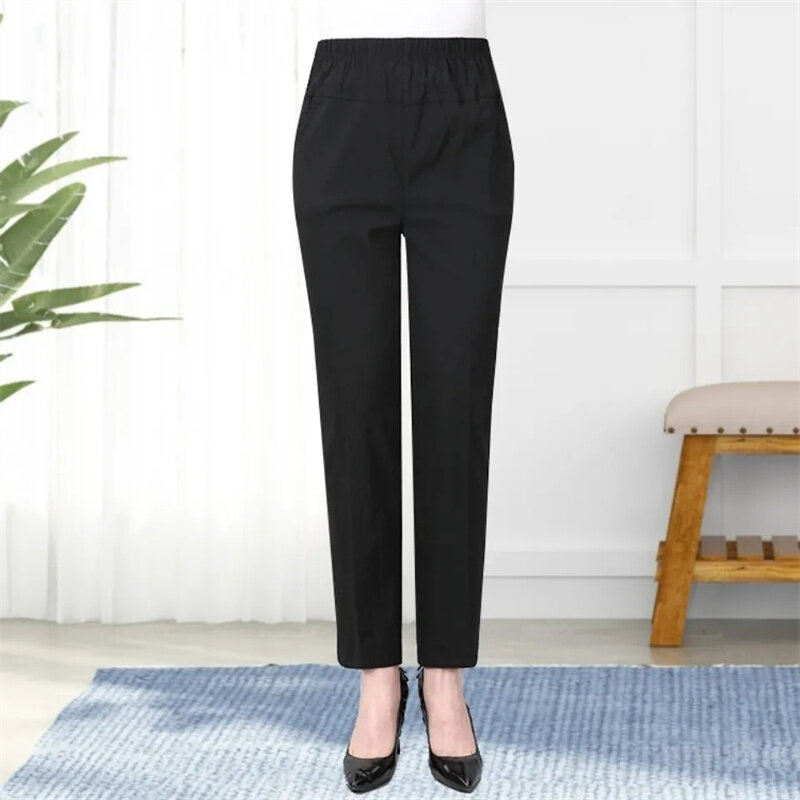 Solid Color Elastic High Waist Female Mom's Pants Autumn Women Casual Cotton Straight Trousers Middle Aged Mother Pantalons