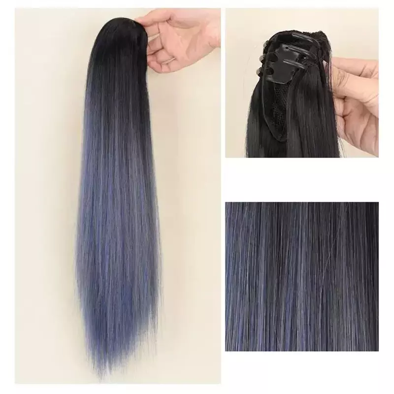 Woman Y2K Highlighted Wig Hair Extension Ponytail Claw Clip-on Straight Hair Piece Gradient Natural Hair Wig