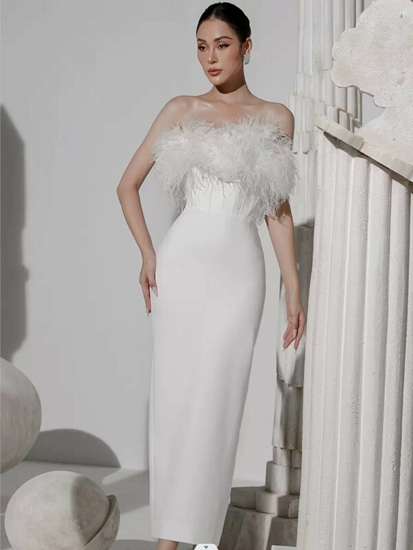 SHUIYUN-vestido de novia sin tirantes para mujer, sexy, precioso diseño de borla de plumas, glúteos blancos envueltos