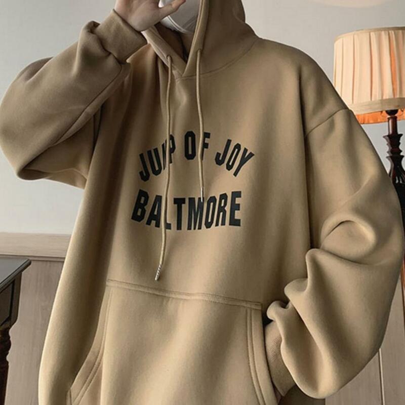 Loose Fit Men Top Men's Retro Letter Print Hoodie with Big Patch Pocket Thick Warm Pullover for Fall Winter Long Sleeves Elastic