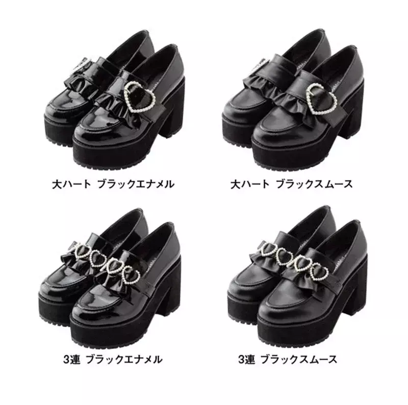 Japońska moda wodoodporna damska na platformie na wysokim obcasie na platformie Lolita perła serce klamra czółenka czarne skórzane buty