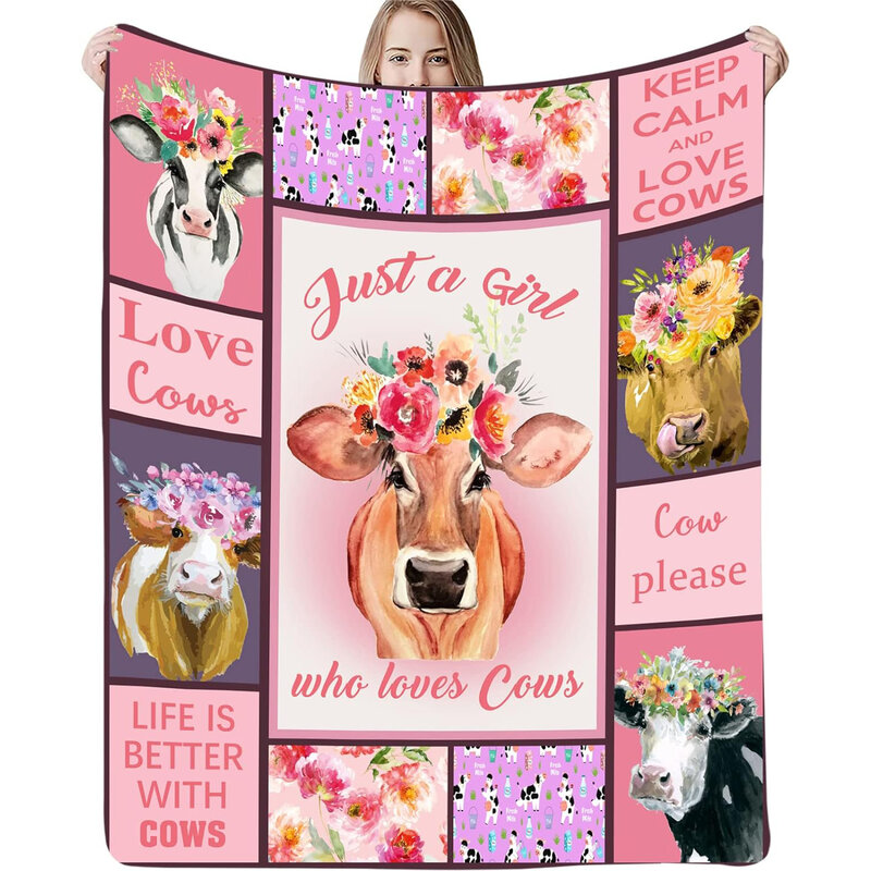 Manta con estampado de vaca, manta de franela de dibujos animados, acuarela, animal de granja rosa, regalo de cumpleaños, otoño