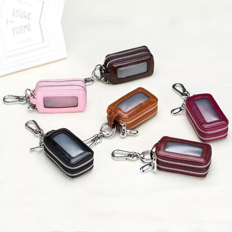 Car Key Bag Leather Zipper Double Key Bag Waist Hanging for Men and Women Keychain Wallet
