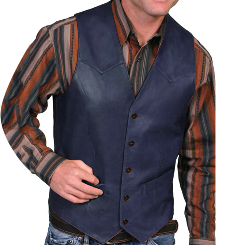 Chaleco Retro de cuero con cuello en V para hombre, blusas con botón, prendas de vestir exteriores de moda, Color sólido