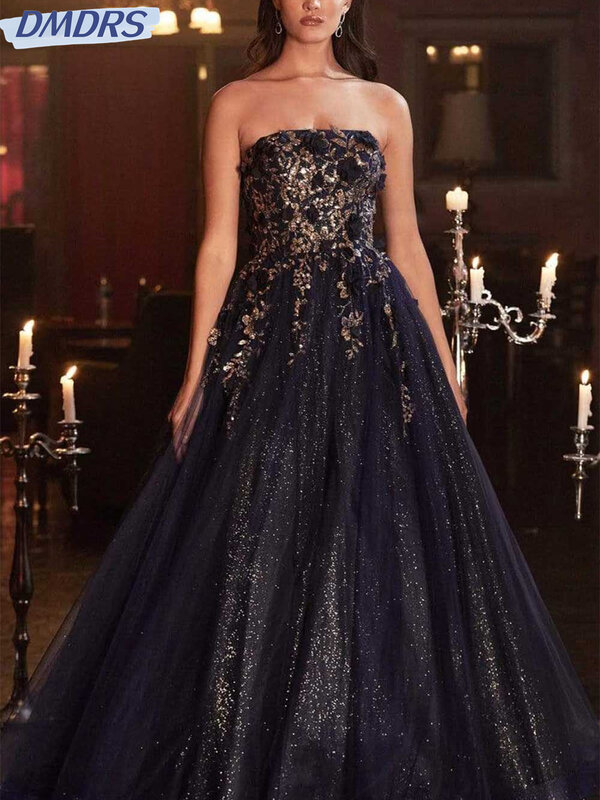 Gaun Prom A-Line bordir elegan 2024 gaun malam Tulle klasik gaun panjang lantai tanpa tali bahu menawan Vestidos De Novia
