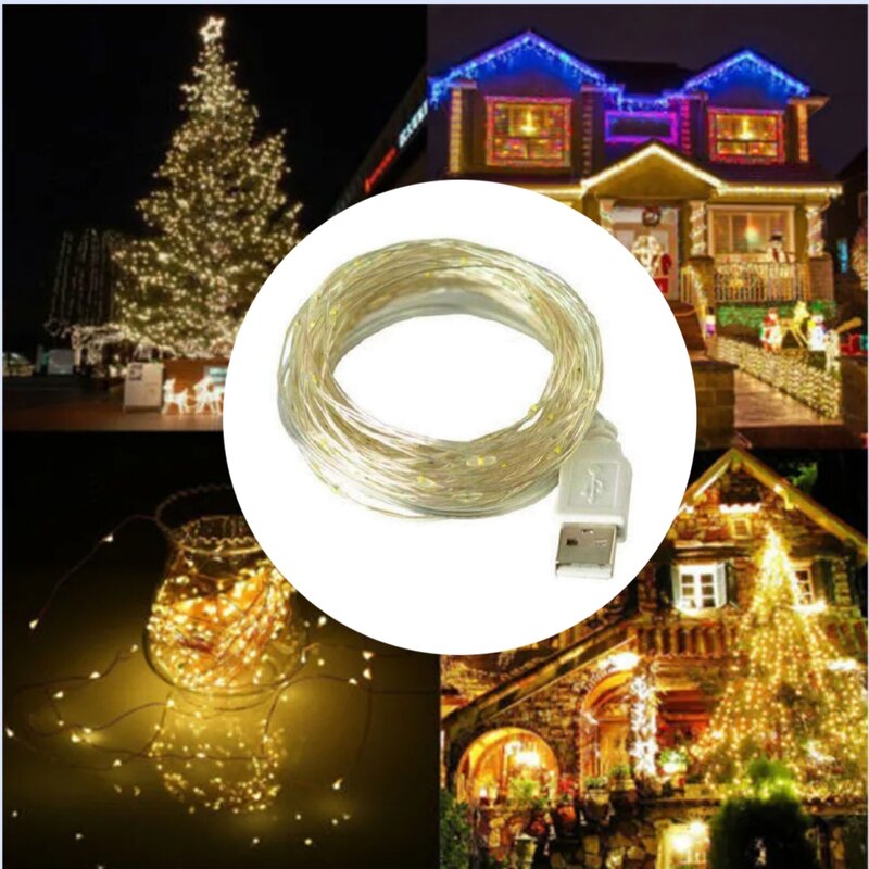 Lampu setrip LED USB 10M 5M kawat tembaga tahan air, lampu untai pencahayaan luar ruangan, lampu dekorasi pernikahan Natal