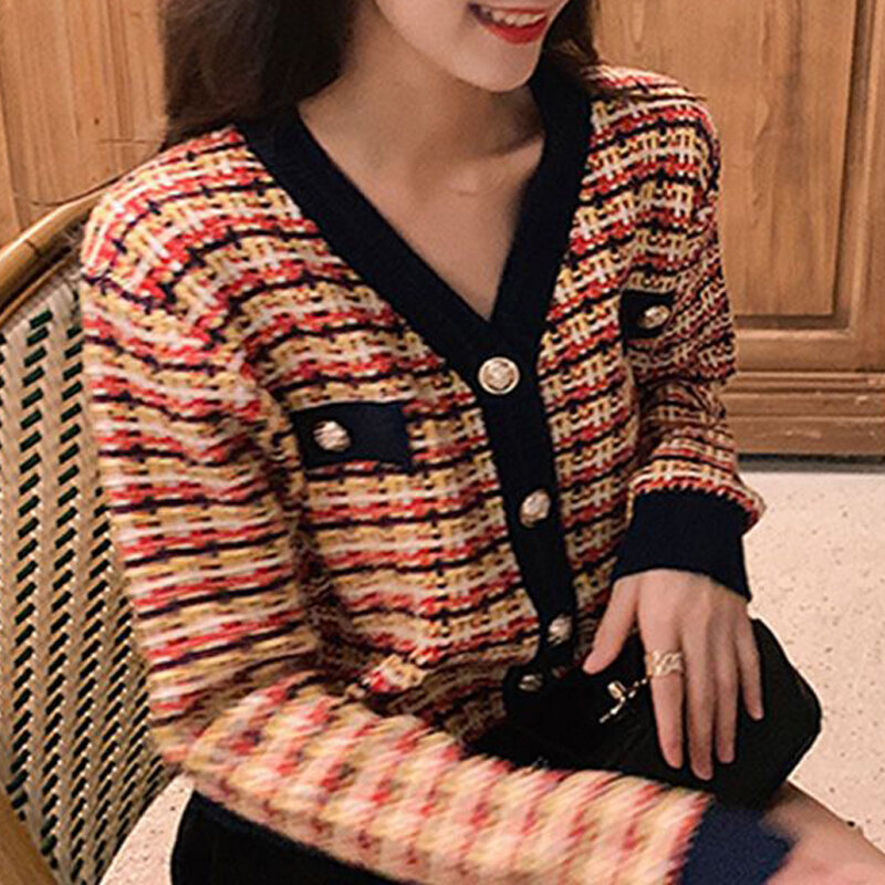 Dames Vintage Geruite Patchwork Chique Knoop Outewear Gebreid Vest Herfst Trendy V-Hals Lange Mouw Sweet Sweatshirt Jas