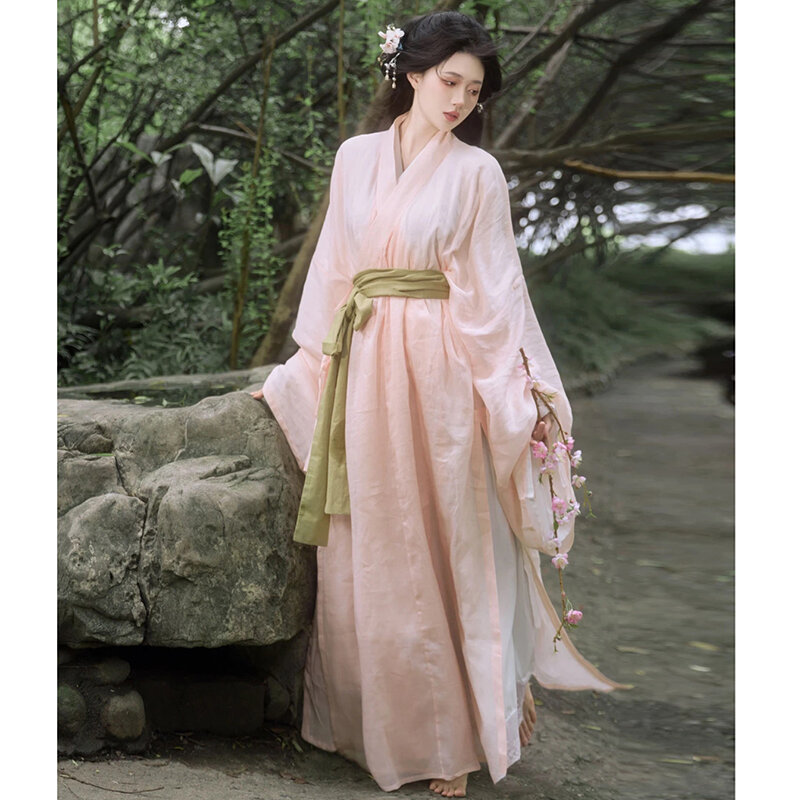 Abbigliamento Han da donna rosa antico Costume colletto incrociato giacca in vita e vestito tradizionale gonna fata flusso con maniche larghe