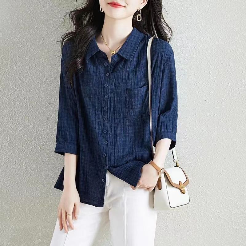 2023 Solid Cotton Thin Pocket 3/4 Sleeve Shirt Women's Summer New Literary Single Breasted Fashion Office All-match Loose Top