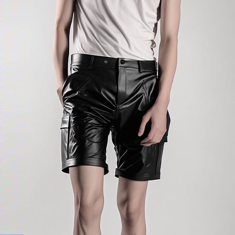 Short preto fosco de couro sintético masculino com bolso, moda masculina, calça curta casual estilo safari com PU, calça justa para caminhada, verão