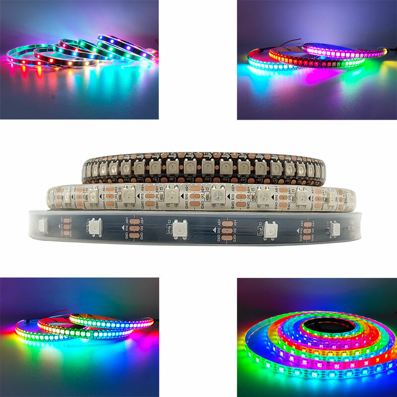 Bande Lumineuse LED RGB Adressable de Couleur Noire et Blanche, Pixel Intelligent, DC5V WS2812B WS2812 30/60/144LED/m, 5050, PCB IP30/IP65/IP67