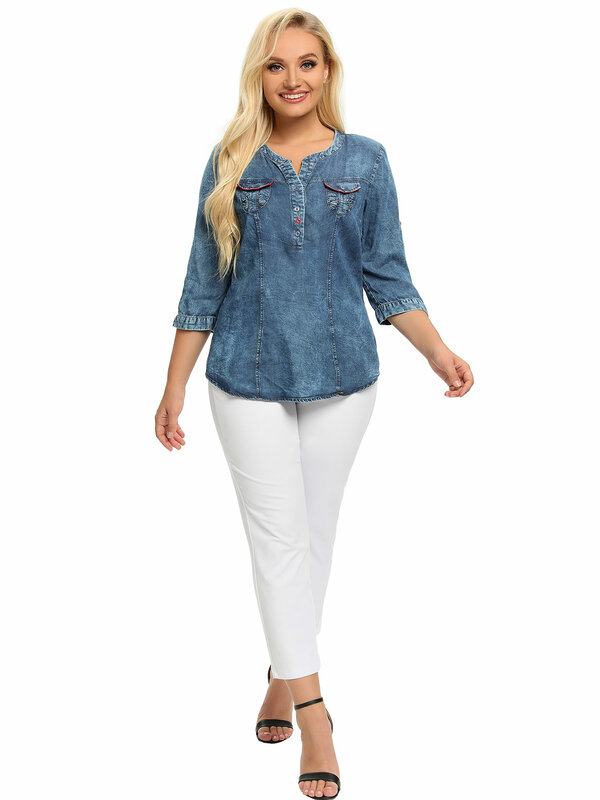Camisa jeans tamanho grande para mulher, elegante, camisa de algodão tecido rechonchuda feminina, moda primavera