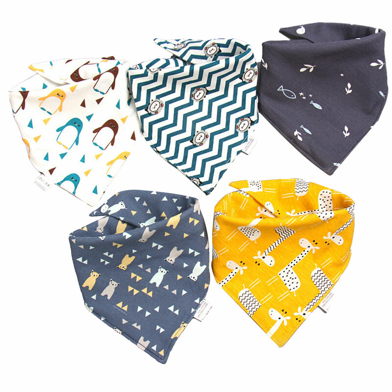 Bavoirs en coton pour enfants, écharpe triangulaire, Bandana absorbant avec boutons, serviette imperméable, 5 pièces