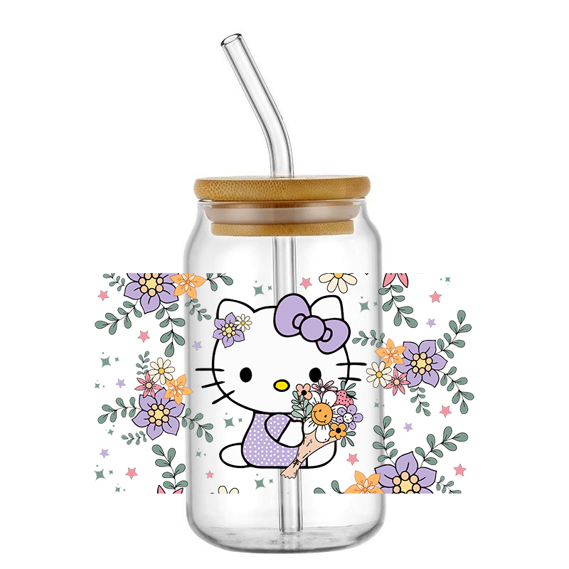 มินิโซะการ์ตูน Hello Cat 16ออนซ์ถ้วย UV DTF สติกเกอร์ทรานเฟอร์สำหรับแก้ว Libbey สามารถใช้ด้วยตัวเองสามารถซักได้ DIY ออกแบบเอง