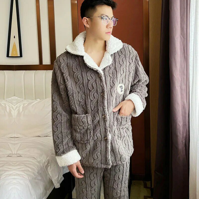 Conjunto coral de pijama masculino, pijamas grossos, pijamas de manga comprida, bolsos soltos, roupa de casa, plus size, inverno