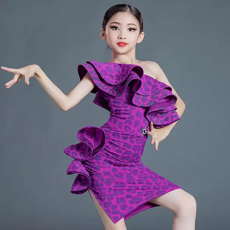 Girls Latin Tops Ruffled Skirts Split Suit Kids Stage Ballroom Dance Clothing Single-Sleeve Ruffled Latin Dance Costume