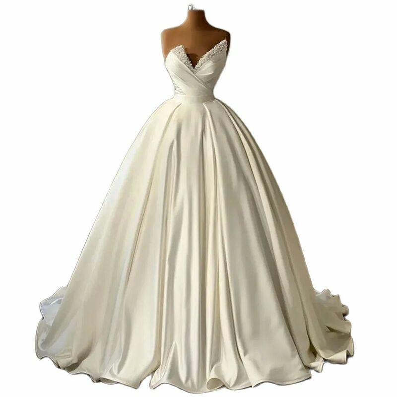 Gaun pengantin A-line seksi, gaun pengantin gading Model putri berbulu tanpa tali romantis Satin cantik manik-manik leher V