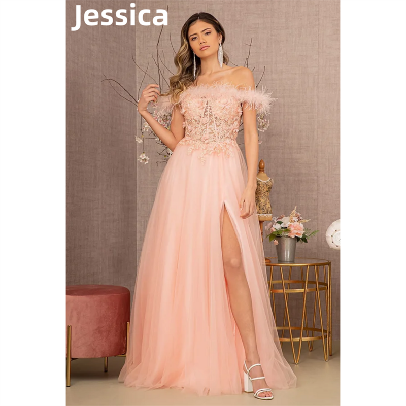 Jj-vestido de noite com penas bordadas, rosa, luxo, formal, casamento, festa, baile, para senhoras, 2024