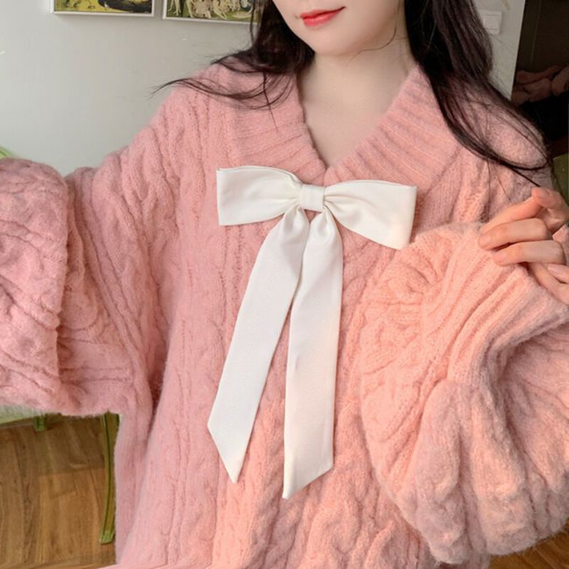 Pullover wanita leher V nyaman manis musim dingin lengan lentera putri santai lembut gaya Korea murni Chic dirancang Harajuku populer