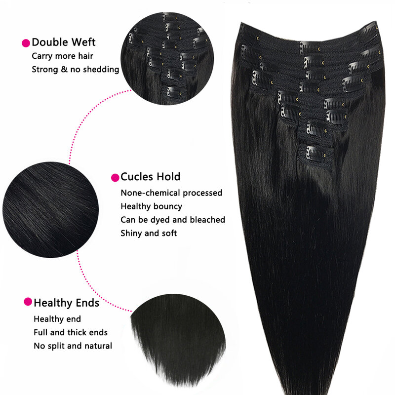 Grampo reto em extensões do cabelo para mulheres, cabelo humano Remy brasileiro, preto natural, # 1B, 18 grampos