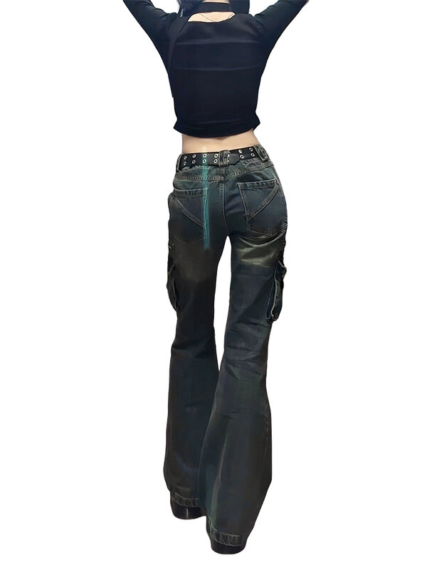 Jeans cargo azul feminino, Harajuku Y2K, japonês, estilo anos 2000, calças jeans largas, estéticas, vintage, na moda, calças jeans grandes, 2024