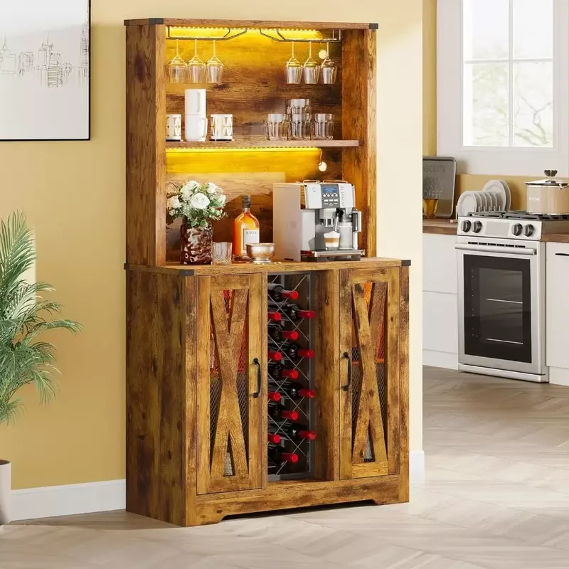 Farmhouse Bar Cabinet with LED Lights, 65'' Tall Sideboard Buffet Liquor Cabinet, 5-Tier Coffee Bar Cabinet with Storage