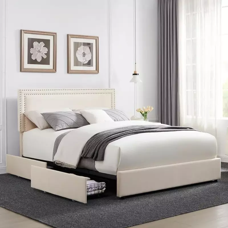 寝室の家具用の布張りのプラットフォーム,4つの収納引き出し付きのベッドフレーム,調節可能なベルベットのヘッドボード