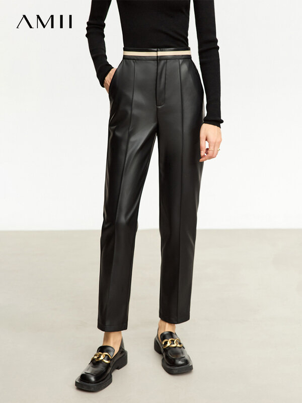 AMII Minimalist PU Leather Casual Pants for Women 2023 Autumn New Loose Floor Length Straight Slit Female Trousers 12343250