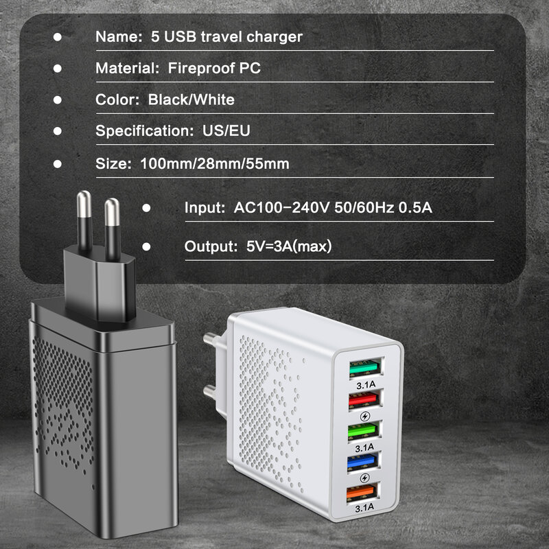 60ワット5ポートusb充電器は、高速急速充電3.0携帯電話の充電器xiaomi iphone充電器qc 3.0