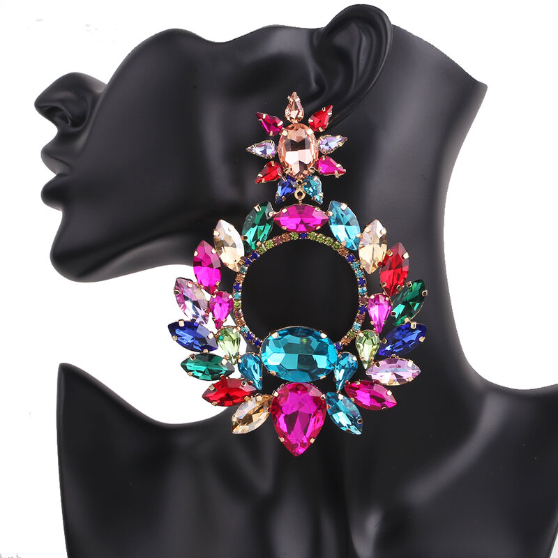 Anting-Anting Statement Kualitas Tinggi Anting-Anting Wanita Juntai Terang Bulat Longgar Perhiasan Mode Berlian Imitasi Aksesori Malam Pernikahan