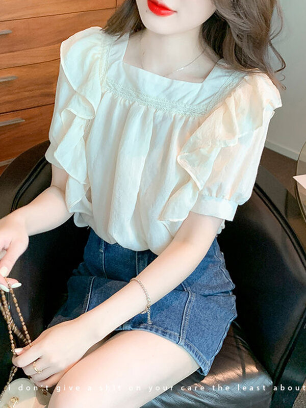 Jmprs-blusa feminina de chiffon babados, elegante camisa coreana doce, manga curta, com gola quadrada, casual lady tops, moda verão