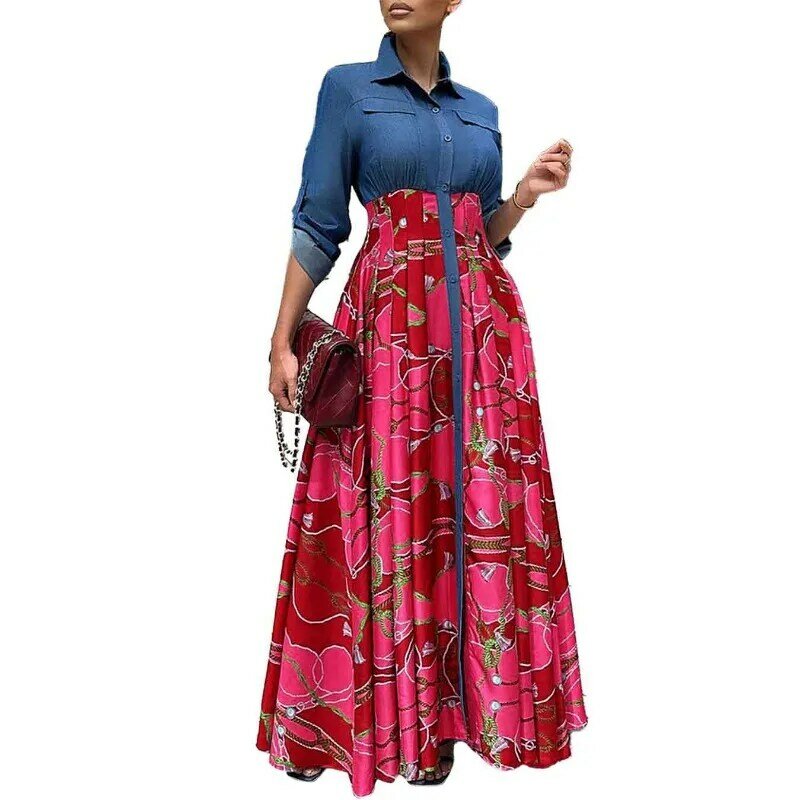 เดรสสไตล์แอฟริกันสำหรับผู้หญิงเดรส gaun Panjang Maxi พิมพ์ลายแขนยาวผ้าโพลีเอสเตอร์สีแดงน้ำเงินเสื้อผ้าแอฟริกันสำหรับฤดูใบไม้ร่วงและฤดูหนาว