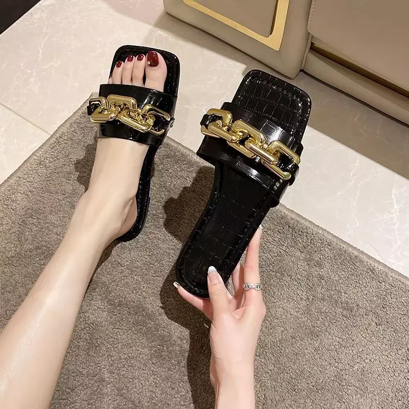 Zapatillas de casa con punta abierta para mujer, sandalias femeninas de cuero, deslizantes sexys, zapatos planos impermeables, tendencia única F