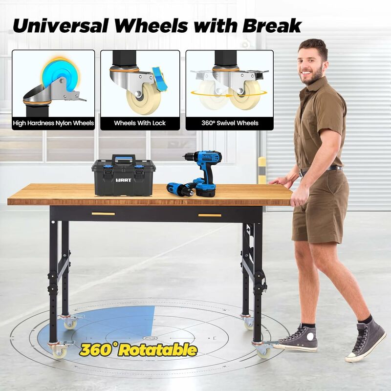 Work Bench, Workbench with Drawer, Power Outlet, Wheels, 59×23.6" Heavy Duty Adjustable Work Table for Garage, Workshop, Home