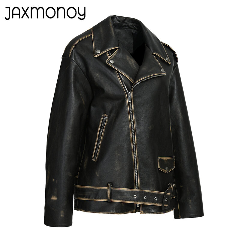 Jaxmonoy giacca da donna in vera pelle da donna primavera cappotto in vera pelle sciolto 2024 nuovo arrivo autunno soprabito in pelle Vintage