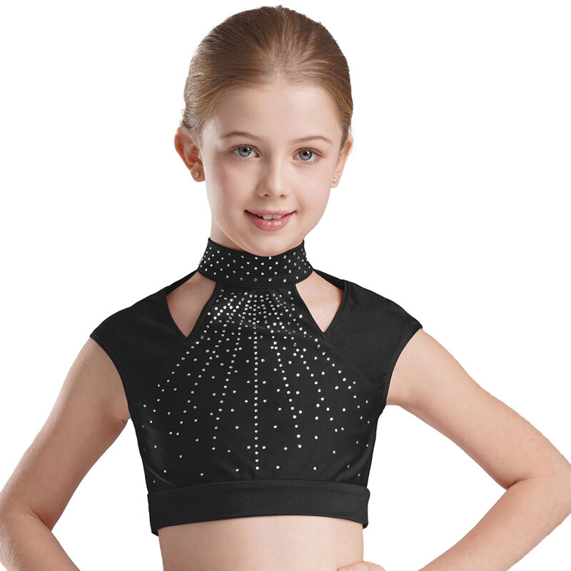Kids Girls Crop Tops Sleeveless Cutout Rhinestones Ballet Dance Sleeveless Vest for Figure Skating Dance Gymnastics Performance