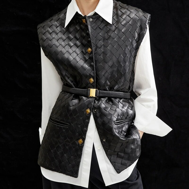 2023 New Arrival Women Knitting Design Slim Genuine Sheepskin Leather Vest