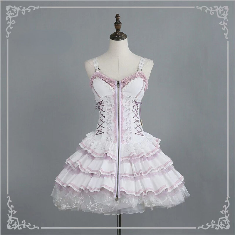Lolita gótico verão rosa jsk vintage harajuku bandagem rendas vestido de bolo lolita y2k vitoriana princesa vestido de festa